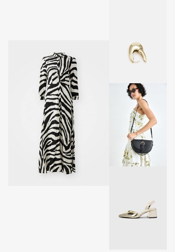 Lange knop-up jurk in zwart-wit zebra print, met 3/4 mouwen, een kraag en een rechte snit. Gemaakt van lichtgewicht stof.; Gouden, metalen slingback hakken met een spitse neus en een chunky hak. Glad oppervlak, minimalistisch ontwerp en een smalle band.; Zwarte leren handtas met een gebogen vorm, afneembare schouderband en gouden hardware. De tas heeft een klep met een gespsluiting.; Gouden metalen oorbel met een slank, gebogen ontwerp. Beschikt over een kenmerkende puntige vorm, gepolijste oppervlakte en scharnier sluiting.