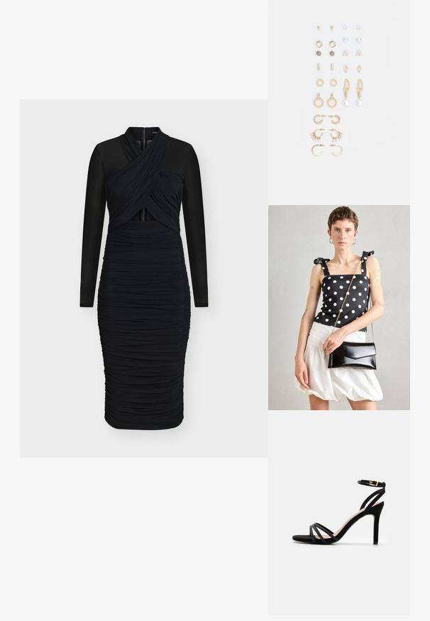 Black dress featuring a ruched design, long sheer sleeves, a wrap-effect bodice, and a central zip closure at the back.; Anna Field Sandals - black; Black and white polka dot top with bow straps, worn with a textured white puffed skirt, holding a glossy black rectangular clutch.; Set of gold-tone earrings featuring various designs, including studs, hoops, and dangling pieces with pearls and rhinestones.