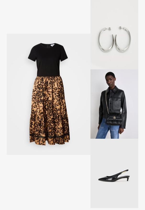 Černé tričko s krátkým rukávem v kombinaci s sukní se zvířecím potiskem v béžové barvě, která má vrstvy a černé dekorativní prvky na lemu. Zapínání na zip na zadní straně.; Černé kožené boty na podpatku s otevřenou patou a špičatou špičkou, s tenkým podpatkem a zlatým akcentem na nastavitelném pásku. Hladký povrch.; Černá kožená bunda s knoflíkovým zapínáním a dvěma předními kapsami, spárovaná s černou prošívanou kabelkou s zlatým uzávěrem a řetízkovým popruhem.; Stříbrné kruhové náušnice s hladkým, zakřiveným designem. Vyznačují se lesklým kovovým povrchem a zapínáním na patent. Žádné viditelné vzory nebo akcenty.