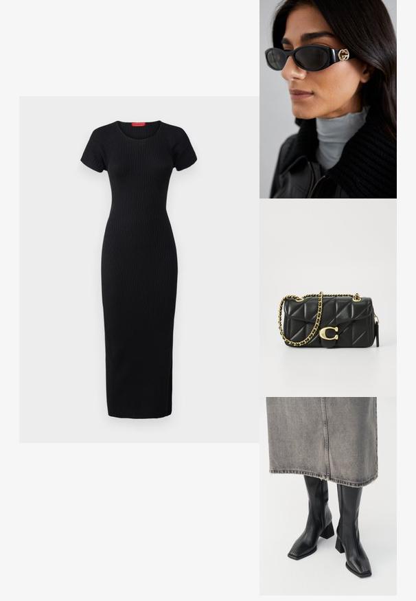 MAX&Co. TERUEL - Shift-haljina - black; Crne čizme do koljena od glatke kože s pravim vrhom i blok-petom. Uparene s sivi traper suknjom s rastrganim rubom.; Crne sunčane naočale sa elegantnim pravokutnim okvirom i zlatnim logotipom na strani. Tamna stakla i sjajni finiš su istaknuti.; Crna pravokutna torba od quiltane kože s zlatnim lančićem i kopčom na preklop koja ima okrugli akcent. Kompaktna pravokutna forma.