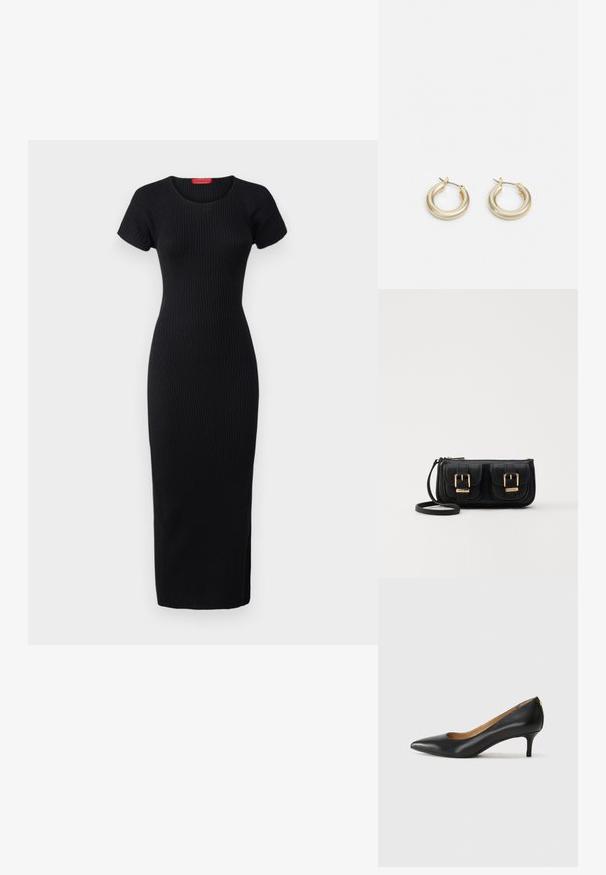 MAX&Co. TERUEL - Kotelomekko - black; Mustat nahka-korkokengät, joissa on terävä kärki, matala korko ja sileä pinta. Edessä on pieni aukko ja takana minimaalinen varustus.; Musta nahkainen olkalaukku, jossa on kaksi etutaskua, kultaiset soljet, vetoketjukiinnitys ja kapea hihna. Teksturoidun pinnan ja kompaktin suorakaiteen muoto.; Lauren Ralph Lauren BASIC SMALL HOOP - Korvakorut - gold-coloured