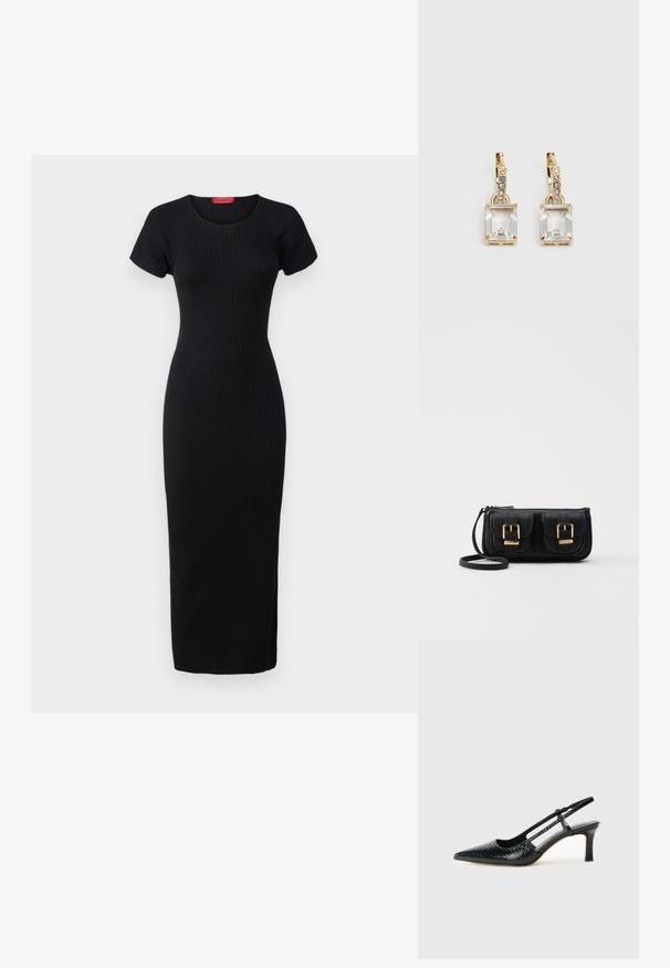MAX&Co. TERUEL - Pouzdrové šaty - black; Černé lakované slingback podpatky s špičatou špičkou, zdobené texturovaným hadím vzorem, nastavovacím páskem a krátkým texturovaným blokovým podpatkem.; Černá kožená crossbody taška se dvěma předními kapsami, zlatými přezkami, zipovým uzávěrem a štíhlým popruhem. Texturovaný povrch a kompaktní obdélníkový tvar.; Náušnice ve zlatém odstínu s obdélníkovým, průhledným krystalem zavěšeným pod řadou malých, kulatých průhledných akcentů. Elegantní, moderní design.