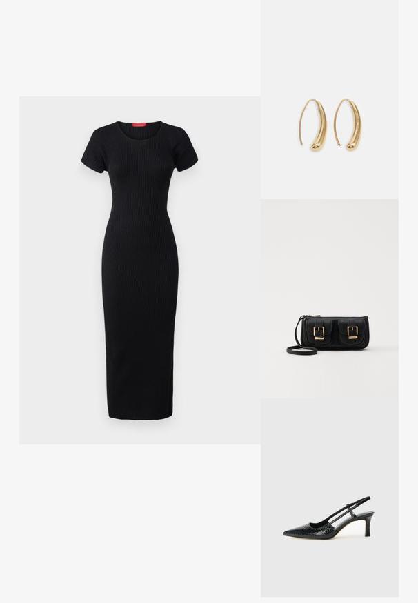 MAX&Co. TERUEL - Etuikjole - black; Sorte patent slingback hæl med spids tå, featuring tekstureret slangeskind, justerbar rem og en kort, tekstureret blokhæl.; Svart skinn crossbody veske med to frontlommer, gyldne spenner, glidelåslukking og en slank stropp. Teksturert overflate og kompakt rektangulær form.; Gullfargede metalløredobber med en buet, forlenget form. Har en jevn, blank overflate og en avrundet tupp for ekstra detaljer.