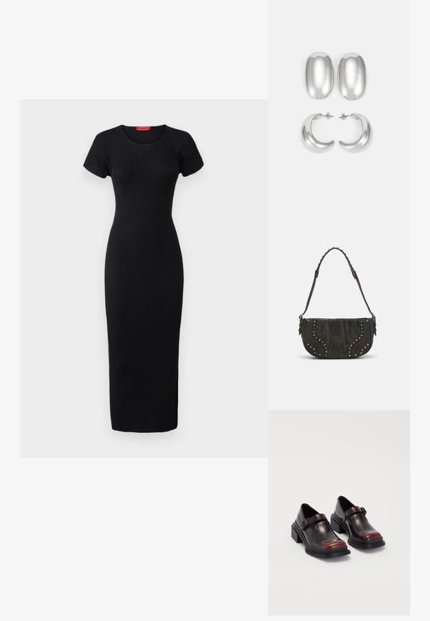 MAX&Co. TERUEL - Rochie tip creion - black; Pantofi cu toc pătrat din piele, cu o finisare lucioasă de burgundă închisă, având o curea cu cataramă și un design cu vârf rotund. Talpa texturată pentru aderență.; Geantă din suede negru cu un design curbat, având accente cu nituri și o suprafață texturată. Curea ajustabilă cu detalii cu studs pe margine.; Set de cercei argintii: două stud-uri ovale și două cercuri în formă de semilună, având un finisaj lucios și neted și un design rotunjit.