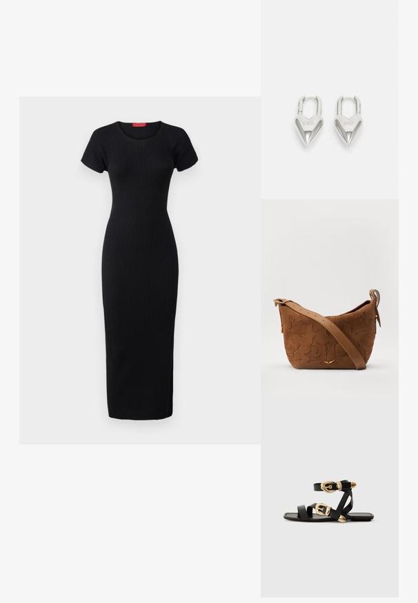 MAX&Co. TERUEL - Etuikleid - black; Schwarze Ledersandalen mit goldenen Schnallenakzenten, die mehrere Riemen und ein flaches Sohlendesign für das Tragen mit offenen Zehen bieten.; Braune Wildleder-Schultertasche mit geprägtem floralen Design, ergänzt durch einen glatten braunen Ledertrageriemen und goldfarbenen Hardware-Akzenten.; Silberne herzförmige Vorhängeschlösser mit eingravierten "JA"- und "NEIN"-Texten, polierte Oberfläche, symmetrisches Design und einem robusten Metallverschluss.