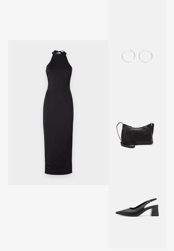 Črna halter-krilo obleka, prilegajoča silhueta, gladka tkanina, do kolen z visokim ovratnikom, z diskretnim odprtinam na hrbtni strani.; Črne usnjene čevlje s peto s črnim vrhom in maso bloka. Ima prilagodljiv trak z kovinsko sponko.; Črna usnjena torba čez ramo z gladko teksturo, ukrivljeno obliko, nastavljivim trakom in zadrgo. Minimalističen dizajn brez okrasnih detajlov.; Srebrne kroglice z elegantnim, okroglim oblikovanjem, z gladko površino in brez vidnih okrasnih elementov. Premer ni določen.
