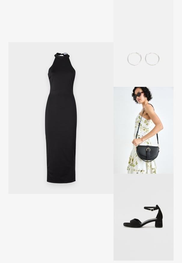 Černé šaty na ramínka, upnutý střih, hladká tkanina, ke kolenům s vysokým výstřihem a jemným rozparkem na zádech.; Černé sametové sandály na podpatku s tenkým řemínkem kolem kotníku, otevřenou špičkou a skromným blokovým podpatkem. Hladká textura a minimální akcenty.; Černá kožená kabelka s křivkovým tvarem, odnímatelným popruhem a zlatými detaily. Kabelka má klopu s přezkou.; Stříbrné kruhové náušnice s elegantním, kulatým designem, s hladkým povrchem a bez viditelných ozdob. Průměr není specifikován.
