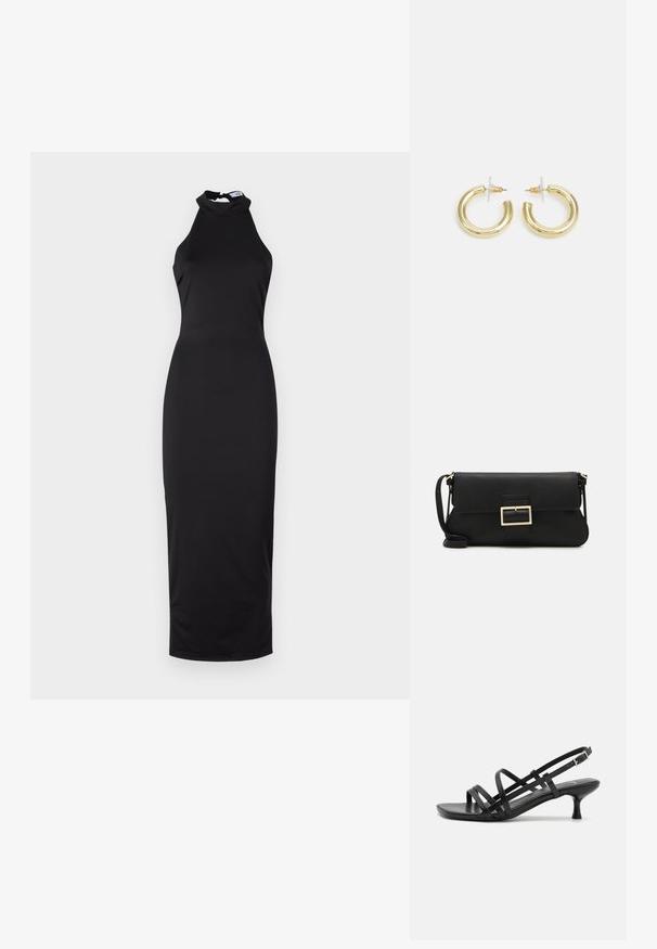 Robe noire à col halter, silhouette cintrée, tissu lisse, longueur genou avec un col haut, présentant une ouverture subtile à l'arrière.; Sandales à talons noirs avec plusieurs brides entrecroisées. Matériau lisse, bout pointu et talon étroit. Bride de cheville ajustable avec boucle.; Pochette en cuir noir avec un rabat et un détail en boucle en métal doré. Inclut une sangle noire et un design épuré et minimaliste.; Boucles d'oreilles en or avec une finition lisse et brillante. Design circulaire présentant un petit clou et une attache transparente pour un port sécurisé.
