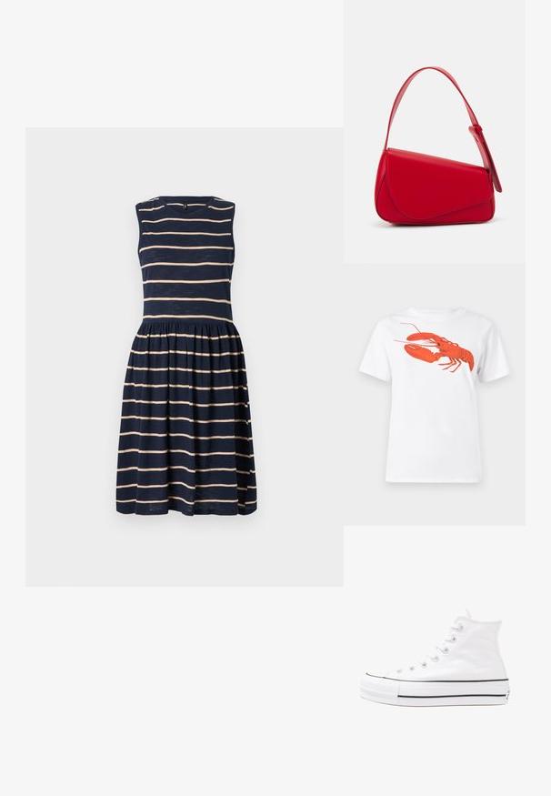 Ujjatlan ruha, sötétkék anyaggal, vízszintes bézs csíkokkal, testhezálló felső résszel és fodros, ráncolt derékkal.; Fehér pamut póló, amelyen elöl egy nagy, élénkpiros homár grafika látható. Rövid ujjú és standard környakú kialakítás.; Fehér magaskorsó vászon sportcipő fekete gumi talppal, elülső gumi orrnyereggel és hat fűzőlyukkal, letisztult, minimalista dizájnnal.; Piros bőr kézitáska szögletes, geometrikus kialakítással. Egy állítható pánttal és varrott részletekkel ellátott fedélzárral rendelkezik.