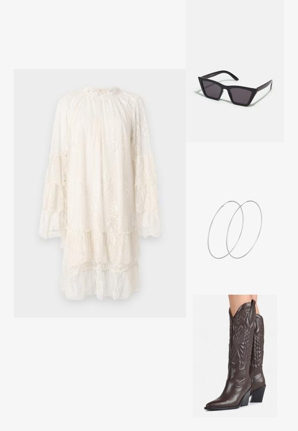 Katik linasest off-white värvuses, millel on kõrge kaelus, pikad volangidega varrukad ja kihiline disain, kus on peened lillemustrid ja tekstuuriga kangas.; Pruunid nahast cowboy saapad terava varbaga ja plokk-kandaga, millel on detailne tikand ja kergelt tõstetud aktsendid varrel.; Mustad mustrakellad, millel on hallid šabloonid; valmistatud plastist, paksude ja siledate kätega, ilma nähtava riistvarata.; Hõbedased rõngastikkaehingad minimalistlikus disainis. Ümar kuju, sile tekstuur ja õhuke profiil. Kerged ning poleeritud viimistlusega.