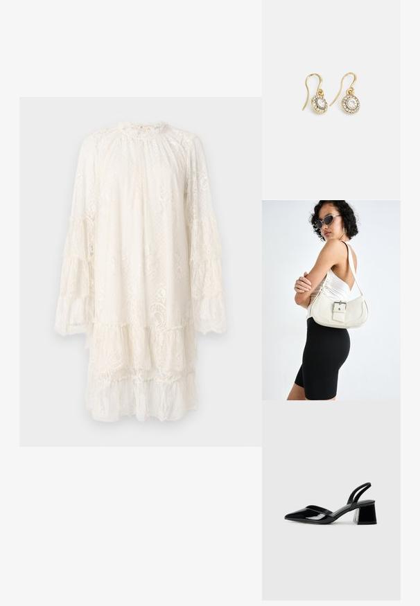 Čipkasta haljina u boji slonovače, s visokim izrezom, dugim volanima i složenim dizajnom s delikatnim cvjetnim uzorcima i teksturiranim materijalom.; Crne lakirane kožne sandale s otvorenom petom i špicastim vrhom, s geometrijskom blok petom. Imaju elegantan, minimalistički dizajn i glatku teksturu.; Bijela kožna torbica s zakrivljenim oblikom, podesivim remenom i malim detaljem kopče. Model nosi usklađeni crni outfit.; Zlatne naušnice s ovalnim prozirnim kristalima okruženim manjim prozirnim kamenčićima, s dizajnom na kuku za sigurno nošenje.