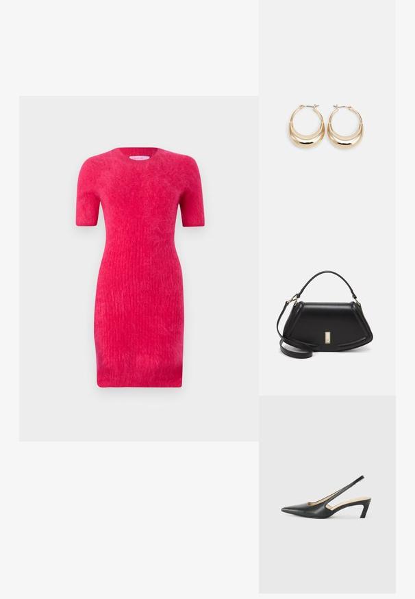 Enganliegendes kurzärmliges Kleid in leuchtendem Pink, aus einem gerippten Strickstoff mit weicher Textur. Es hat einen runden Ausschnitt.; Schwarzer spitz zulaufender Slingback-Schuh mit niedrigem Absatz, der aus glattem Leder gefertigt ist und seitliche Ausschnitte für Atmungsaktivität aufweist.; Schwarze Lederhandtasche mit einem strukturierten Design, das eine verkürzte Form, einen oberen Griff und goldfarbene Hardware-Details aufweist. Verstellbarer Schulterriemen ist enthalten.; Goldfarbene Creolen mit einer Halbmondform, polierter Oberfläche und Scharnierverschluss. Die glatte Textur und der reflektierende Finish verbessern die Sichtbarkeit.