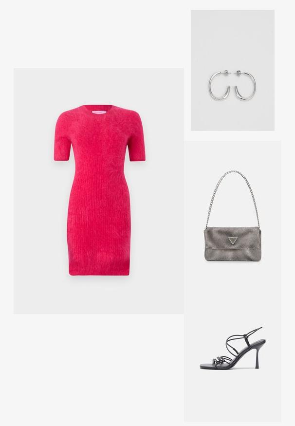 Kitsas lühikeste varrukatega kleit eredas roosas, valmistatud pehmest ribikangast. Omab ümmargust kaelust.; Mustad musta värvi kontsandaalid on varustatud peente rihmadega, millel on sõlmekujundus, siledad ruudukujulised varbad ja stiilne stilettokonts.; Helehall metallik handbags, millel on kett, kaunistatud väikeste ümmarguste metallist õmblustega ja kolmnurkse brändi logoga.; Hõbedased rõngaskõrvarõngad, millel on sile ja läikiv pind. Ümar kuju, kerge disain, millel on post-tagumise kinnituse süsteem.