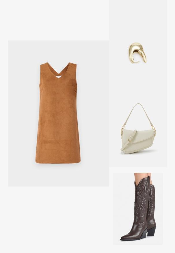 Ruskea hihaton mekko, joka on valmistettu mokkamaiseen materiaaliin, jossa on V-kaula-aukko. Mekossa on sileä rakenne ja puhtaat linjat. Ei muita lisätietoja.; Ruske nahkasaappaat, joissa on terävä kärki ja laatikkokorko, varustettu yksityiskohtaisella ompelulla ja kohotetuilla yksityiskohdilla varsiosassa.; Pieni kerma beige käsilaukku, jossa on teksturoitu pinta, pitkä säädettävä olkahihna, ketjua korostava yksityiskohta ja läppälukko. Kultaista metalliosaa.; Kultahipuinen korvakoru, jossa on sulavalinjainen, kaareva muotoilu. Ominaisuuksiin kuuluu erottuva terävä muoto, kiillotettu pinta ja sarana kiinnitys.