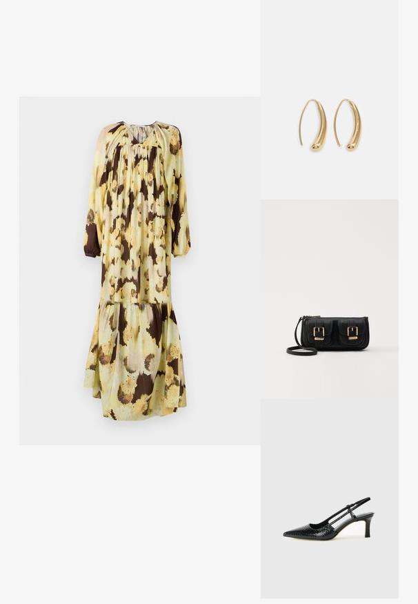 Pitkä kukkakuosisessa mekossa, keltainen ja ruskea. Keveästä kankaasta valmistettu, rento malli, jossa pitkät hihat ja kerroksellinen muotoilu.; Musta patent slingback-kiilakorko teräväkärkisellä muotoilulla, jossa on teksturoitu käärmeennahkakuosi, säädettävä remmi ja lyhyt, teksturoitu blokkiheel.; Musta nahkainen olkalaukku, jossa on kaksi etutaskua, kultaiset soljet, vetoketjukiinnitys ja kapea hihna. Teksturoidun pinnan ja kompaktin suorakaiteen muoto.; Korvakorut kultasävytteistä metallista, joissa on kaareva, pitkänomainen muoto. Ominaisuuksiin kuuluu sileä, kiiltävä pinta ja pyöreä kärki lisäyksinä.