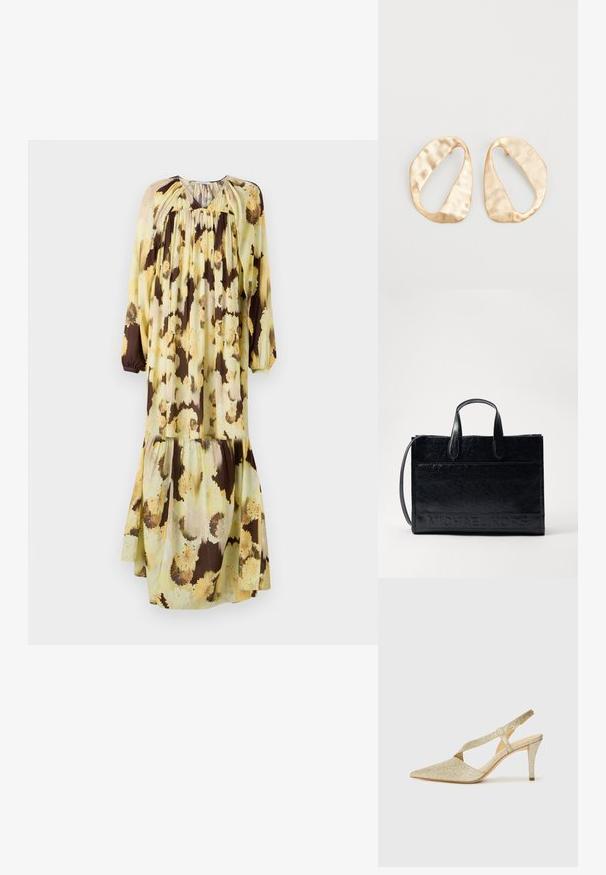 Cvetlična obleka dolgega kroja v rumeni in rjavi barvi. Izdelana iz lahkega blaga s sproščenim krojem, z dolgimi rokavi in večplastnim dizajnom.; Žareči zlati slingback čevlji s koničastim nosom, tankim gležnjenjem in vitkim petkom. Površina ima teksturiran metalni zaključek.; Črna usnjena torba z dvema zgornjima ročajema, snemljivim ramenskim trakom in reliefnim logotipom "MICHAEL KORS" na sprednji strani. Gladka tekstura.; Par nenavadno ovalnih zlatih metalnih uhani s teksturirano, rahlo udarjeno površino na belem ozadju.