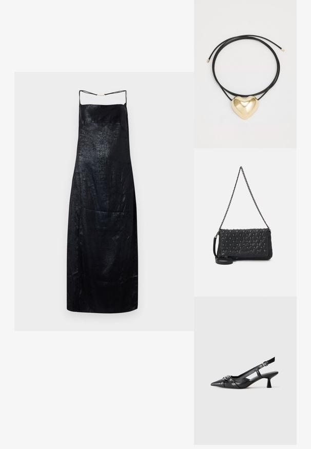 Črna satenasta obleka brez rokavov z gladko teksturo, ki ima tanke naramnice in subtilno sijaj. Preprosta, ravna silhueta z minimalnimi detajli.; Črne usnjene sandale središnje zaponke z ostro konico, okrasnimi trakovi z kovinskimi očesi in nizko blokasto peto. Teksturirana površina.; Črna prešita usnjena torba s verižnim trakom, ki vključuje dodatke v obliki lobanj in zadrgo. Teksturirana površina z sijočim zaključkom.; Črna pletena verižica z obeskom v obliki zlate srca, ki ima gladke krivulje in sijočo površino.