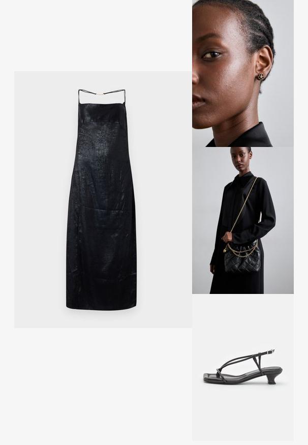 Vestito nero in satin con una texture liscia, caratterizzato da spalline sottili e una leggera lucentezza. Silhouette semplice e dritta con dettagli minimi.; Sandalo in pelle nera con cinturini sottili, tacco basso a blocco e punta quadrata. Presenta una chiusura con fibbia e una superficie liscia.; Borsa a tracolla in pelle nera trapuntata con apertura arricciata, tracolla in catena dorata e forma rettangolare, appoggiata su uno sfondo semplice.; L'orecchino a bottone floreale in oro presenta un centro nero texturizzato e dettagli delicati. La pelle chiara del modello e i capelli intrecciati sono visibili di profilo.