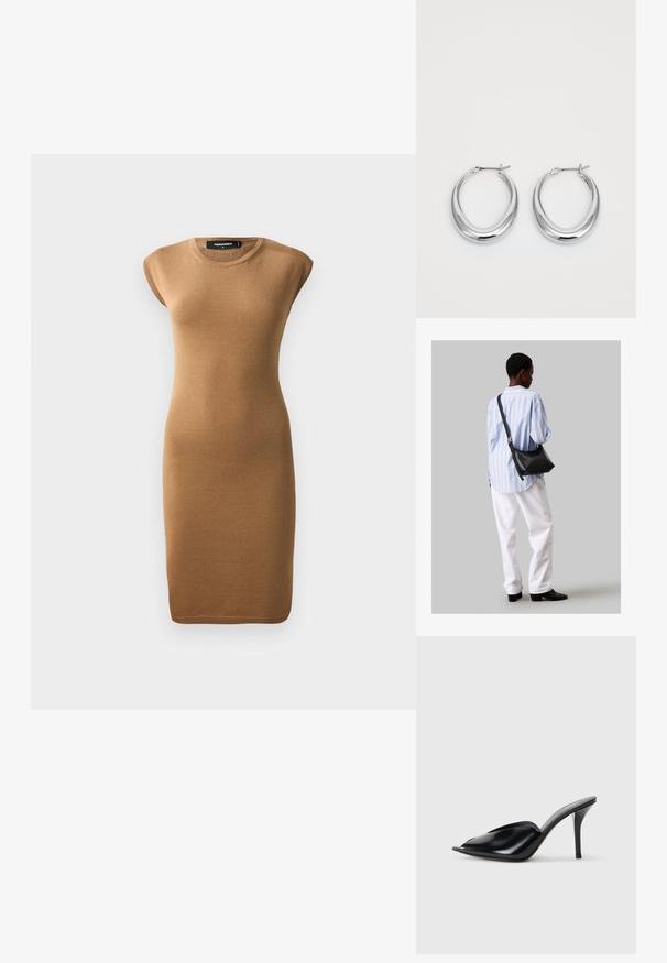 Knit bodycon-mekko vaaleanruskeana, jossa on lyhyet hihat ja pyöreä kaula-aukko. Sujuva pinta ja tiukka siluetti, joka ulottuu pohkeeseen saakka.; Musta nahkainen korkeakorkoinen mules-malli, avoimella varpaalla, terävä muotoilu, sileä pinta ja kapea stilettokorko.; Musta nahkainen olkalaukku, jossa on pehmeä rakenne, kolmion muoto ja säädettävä hihna, yhdistettynä vaaleansiniseen raidalliseen paitaan ja valkoisiin housuihin.; Pari di orecchini a cerchio a mezzaluna in argento lucidato con chiusure a cerniera su uno sfondo bianco.