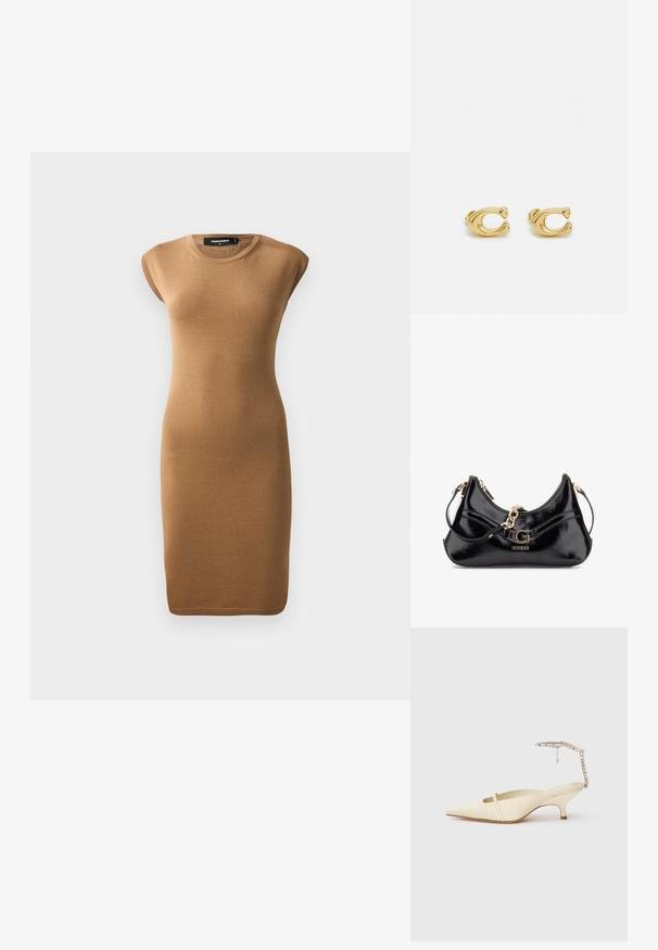 Strickhemdkleid in hellbraun, mit kurzen Ärmeln und rundem Ausschnitt. Glatte Textur mit einer schmalen Silhouette, die bis zur Mitte des Wadenbereichs reicht.; Cremfarbene spitz zulaufende Slingback-Absätze mit dünnem vorderen Riemen und verziertem Knöchelriemen auf weißem Hintergrund.; Schwarze Lackledertasche mit geschwungenem Design, goldenen Hardware-Akzenten und einem auffälligen Logo. Inklusive abnehmbarem Schultergurt.; Goldene Metallohrringe mit einem glatten, geschwungenen Design, das eine auffällige 'C'-Form aufweist. Kleine Größe, glänzende Oberfläche und Klappverschluss für sicheren Halt.