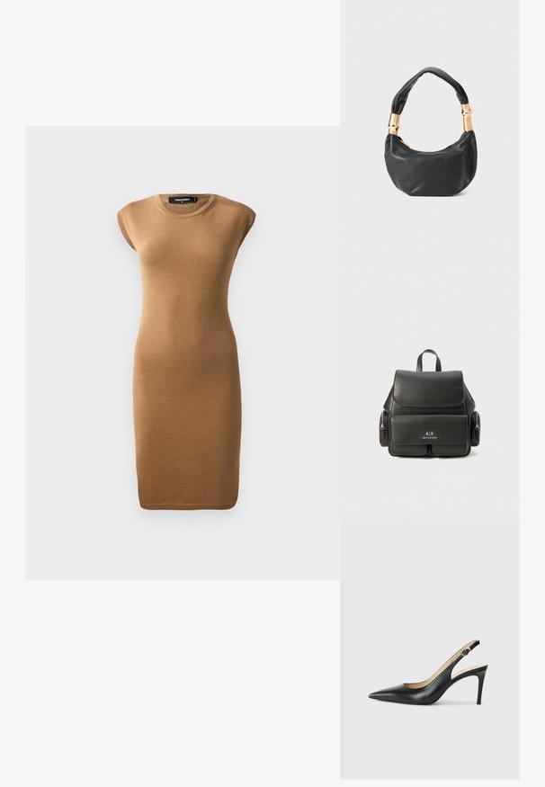 Pleteni bodycon haljina u svijetlo smeđoj boji, s kratkim rukavima i okruglim izrezom. Glatka tekstura s prilagođenim siluetom, doseže sredinu lista.; Crne kožne slingback visoke potpetice s šiljastim nosom, podesivim trakama i elegantnim stiletto potpeticama, s glatkom završnom obradom.; Crna kožna ruksak s preklopom, prednjim džepom, bočnim odjeljcima s patentnim zatvaračem i gornjom ručkom. Ima detalje s logotipom sprijeda.; Crna kožna torba s okruglim oblikom, mekim teksturom i čvorastom ručkom s zlatnim metalnim detaljima. Zatvaranje na patentni zatvarač.