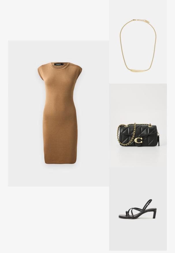 Gebreide bodycon jurk in lichtbruin, met korte mouwen en een ronde hals. Gladde textuur met een aansluitende silhout, tot halverwege de kuit.; Zwarte sandaal met bandjes, vierkante teen en een lage blokhak. Voorzien van meerdere dunne bandjes en een verstelbare enkelband. Gemaakt van zacht leer.; Zwarte gewatteerde leren handtas met een gouden kettingschouderband en een toggle-sluiting met een rond accent. Compacte rechthoekige vorm.; Gouden ketting met een gladde, gebogen centrale accenten. Beschikt over een flexibele ketting met een kreeftsluiting en extra verstelbare schakels.