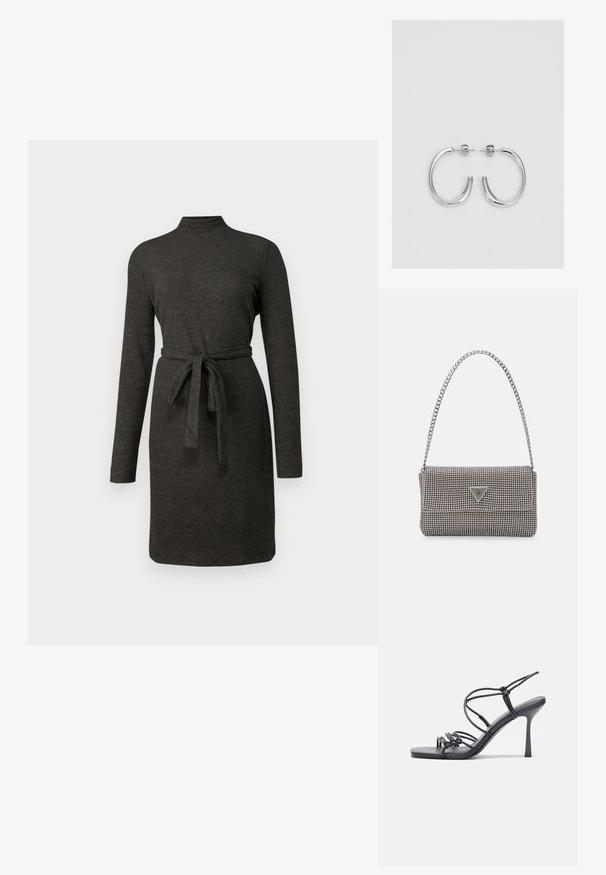Anglies pilkos spalvos ilgos rankovės suknelė su aukštu kaklu ir surišamu juosmens diržu. Lygus paviršius, iki kelių siekianti forma ir minimalizmo stilius.; Juodos aukštakulnės sandalai pasižymi plonyčiais dirželiais su mazgo dizainu, lygiu kvadratiniu pirštu ir elegantišku stiletto kulnu.; Šviesiai pilka metalinė rankinė su grandinėlės dirželiu, papuošta mažais apvaliais metaliniais smeigėmis ir trikampiu prekės ženklu.; Sidabriniai lankelio formos auskarai su lygiu, blizgiu paviršiumi, išlenktos formos ir su užsegimu. Minimalistinio dizaino su moderniu apdaila.