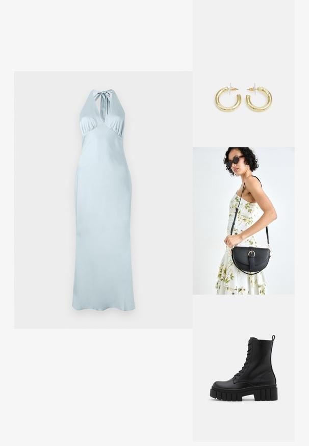 Light blue halter neck dress with a fitted bodice, pleated details, and a long, flowing silhouette in a smooth fabric. No visible patterns or accents.; Black leather ankle boot with chunky, ridged sole, lace-up front, and pull tab on smooth white background.; Black leather handbag with a curved shape, detachable strap, and gold hardware. The bag features a flap with a buckle detail.; Gold hoop earrings with a smooth, shiny finish. Circular design featuring a small post and clear backing for secure wear.