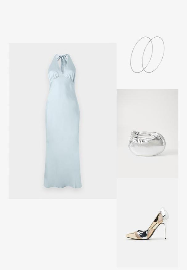 Svijetloplava halter haljina s prilagođenim korzetom, nabranim detaljima i dugim, lepršavim siluetom od glatkog materijala. Nema vidljivih uzoraka ili akcenta.; Cipele s visokom potpeticom i špicastim vrhom u srebrnoj, zlatnoj i nude boji. Sjajan finiš s izrezbarenim dizajnom, s potpeticom u obliku stiletto.; Srebrna metalik torbica s mekim, zaobljenim oblikom i čvorastim zatvaranjem na vrhu. Izrađena od glatke sintetičke kože.; Srebrne okrugle naušnice s minimalističkim dizajnom. Kružni oblik, glatka tekstura i tanak profil. Lagane s poliranim završetkom.