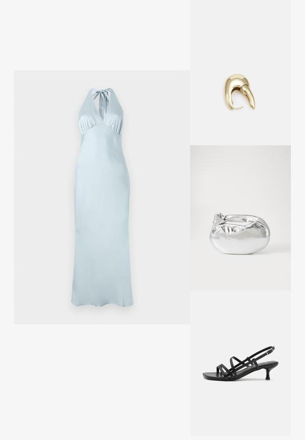 Light blue halter neck dress with a fitted bodice, pleated details, and a long, flowing silhouette in a smooth fabric. No visible patterns or accents.; Black heeled sandals with multiple crisscross straps. Smooth material, pointed toe, and narrow heel. Adjustable ankle strap with buckle.; Silver metallic pouch bag with a soft, rounded shape and a knotted top closure. Made from smooth faux leather material.; Gold-tone metal earring with a sleek, curved design. Features a distinctive pointed shape, polished surface, and hinge closure.