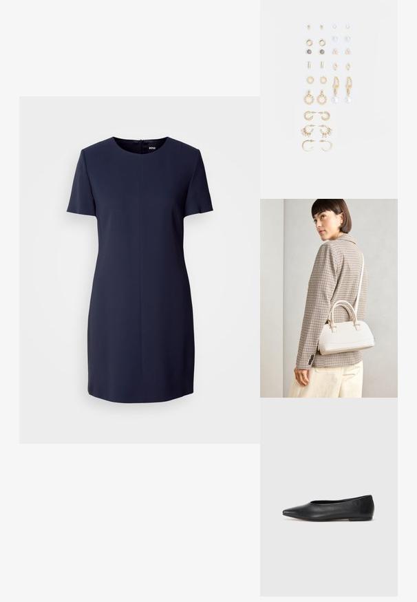 Kratké rukávy, námornícke šaty vyrobené z hladkej látky, s okrúhlym výstrihom a zipsom na zadnej strane, s jednoduchým, strihovým siluetou.; Čierne kožené baletky, špicatý špička, minimalistický dizajn, hladká textúra, nízky podpätok, bez viditeľných prvkov alebo ozdôb.; Biela štruktúrovaná kabelka s krátkymi rúčkami a ramenným popruhom, s zlatými kovovými prvkami a textúrovaným materiálom, vystavená na šedom pozadí.; Súprava náušníc v zlatom odtieni obsahujúca rôzne dizajny, vrátane puzetových, kruhových a visiacich kúskov s perlami a rhinestones.