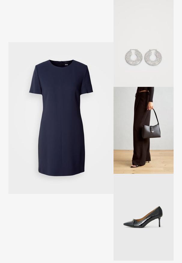 Sötétkék, rövid ujjú ruha sima anyagból, kerek nyakkivágással és hátsó cipzáras záródással, egyszerű, szabott sziluettel.; Fekete lakkbőr magassarkú cipő hegyes orral, díszes pánttal elöl, és vékony stiletto sarokkal.; Fekete kézi táska strukturált formával, sima textúrával és fémből készült záródással. Széles fekete nadrággal és nyitott orrú szandállal párosítva, fából készült padlón.; Ezüst karika fülbevalók, amelyeket több átlátszó kristály díszít, texturált felülettel és nyitott, kör alakú kialakítással.