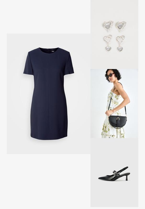 Haljina s kratkim rukavima u tamnoplavoj boji, izrađena od glatkog materijala, s okruglim izrezom i zatvaranjem na zatvarač na leđima, s jednostavnim, krojenim siluetom.; Crne lakirane slingback potpetice s oštrim prstom i malom blok petom, s naglaskom na srebrnoj kopči na remenu.; Crna kožna torba s lukovitim oblikom, odvojivim remenom i zlatnim detaljima. Torba ima preklop s kopčom.; Srebrne naušnice u obliku srca imaju fasetirane prozirne kamenčiće, s teksturiranim okvirom. Set uključuje naušnice na dugme i viseće stilove.
