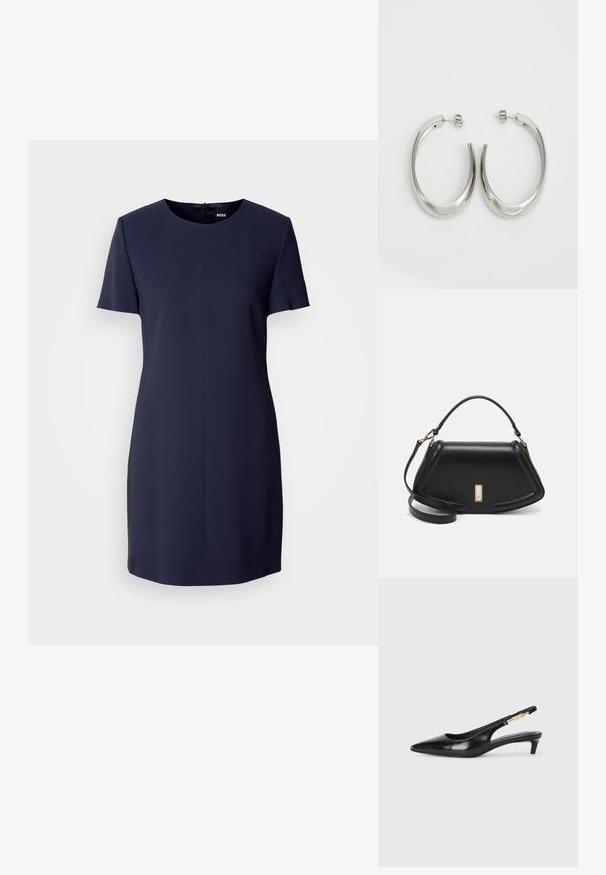 Kortärmad marinblå klänning tillverkad av mjukt tyg, med rund halsringning och dragkedjeslutning i ryggen, samt en enkel, skräddarsydd siluett.; Svart läder slingback-hälar med spetsig tå, med en smal klack och en guldtonad detalj på den justerbara remmen. Slät textur.; Svart läderhandväska med en strukturerad design, som har en avskuren form, ett handtag upptill och guldiga detaljer. Justerbar axelrem ingår.; Silverfärgade hoopsörhängen med en slät, böjd design. Har en glänsande metallisk yta och ett stiftlås. Inga synliga mönster eller detaljer.
