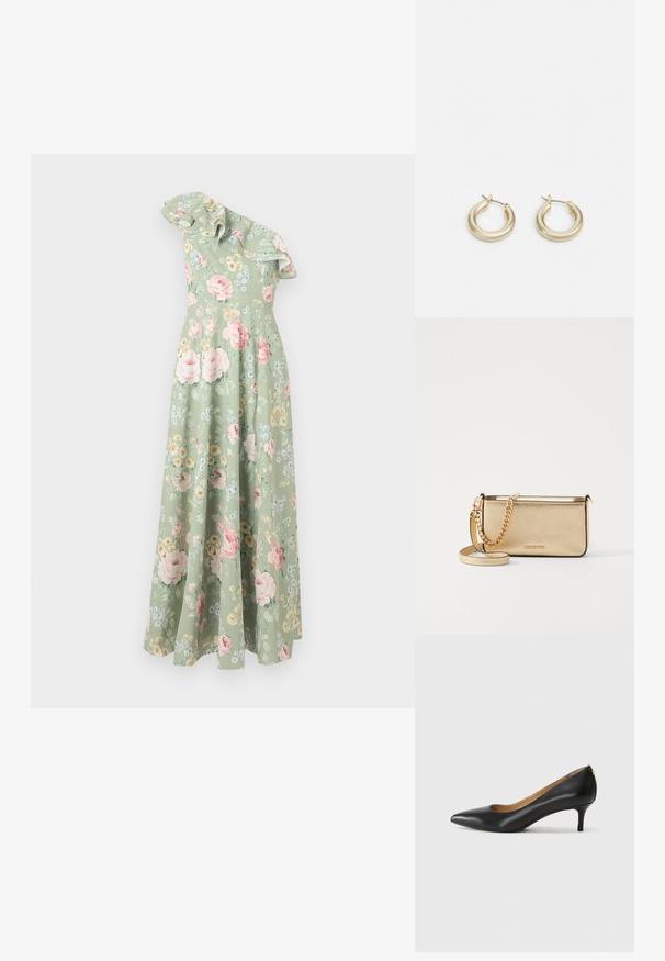 Kvetinové maxi šaty z svetlozeleného materiálu s jedným ramienkom, volánovým výstrihom a mnohofarebnými kvetinovými vzormi po celom povrchu.; Čierny kožený podpatek s špicatou špičkou, nízkym opätkom a hladkým povrchom. Obsahuje mierne otvorenie vpredu a minimálne kovové detaily na zadnej strane.; Metalická zlatá kožená kabelka so štruktúrovaným povrchom, vybavená zlatým reťazovým popruhom a odnímateľným ramenným popruhom. S logom značky vytlačeným na povrchu.; Lauren Ralph Lauren BASIC SMALL HOOP - Náušnice - gold-coloured
