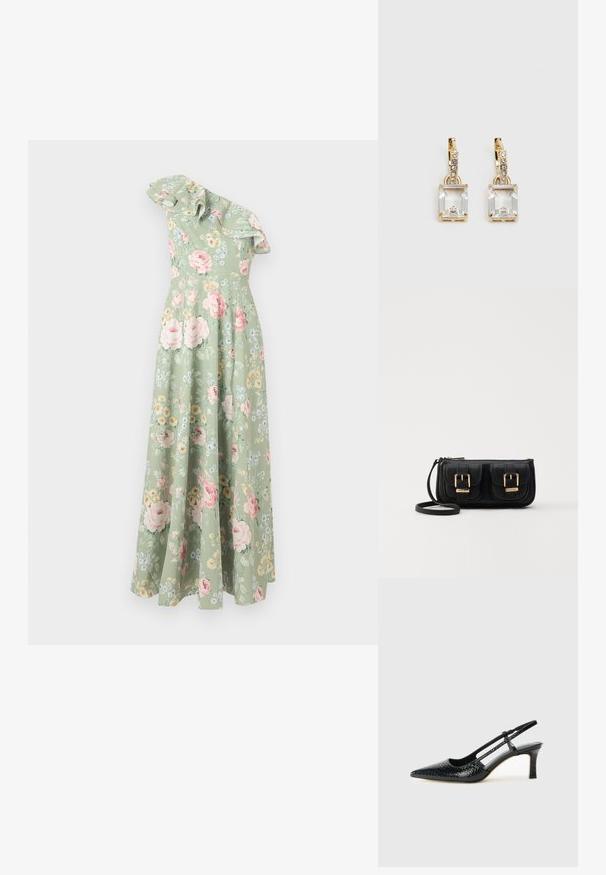 Kerge rohelise kangaga lilleline maksikleit, millel on ühes õlas disain, ruffles kaelus ja mitmevärvilised lillemustrid üle kogu.; Mustmust paelad, millel on terav varvas, tekstuuriga maduprindiga, reguleeritav rihm ja lühike tekstuuriga plokknina.; Must küllastamata nahast õlakott, millel on kaks esist nähtavat taskut, kuldsed pandlad, tõmblukuga sulgemine ja peen rihm. Tekstuuriga pind ja kompaktne ristkülikukujuline kuju.; Kuldtooni kõrvarõngad, millel on ristkülikukujuline, selge kristall, mis ripub allapoole väikeste ümmarguste selgete aktsentide rida. Viimistletud, kaasaegne disain.