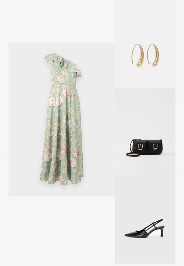 Kerge rohelise kangaga lilleline maksikleit, millel on ühes õlas disain, ruffles kaelus ja mitmevärvilised lillemustrid üle kogu.; Mustmust paelad, millel on terav varvas, tekstuuriga maduprindiga, reguleeritav rihm ja lühike tekstuuriga plokknina.; Must küllastamata nahast õlakott, millel on kaks esist nähtavat taskut, kuldsed pandlad, tõmblukuga sulgemine ja peen rihm. Tekstuuriga pind ja kompaktne ristkülikukujuline kuju.; Kuldtoonilised metallist rõngas kõrvarõngad, millel on kõver ja piklik kuju. Omavad siledat, läikivat pinda ja ümarat tipptugevdust, mis lisab detaili.