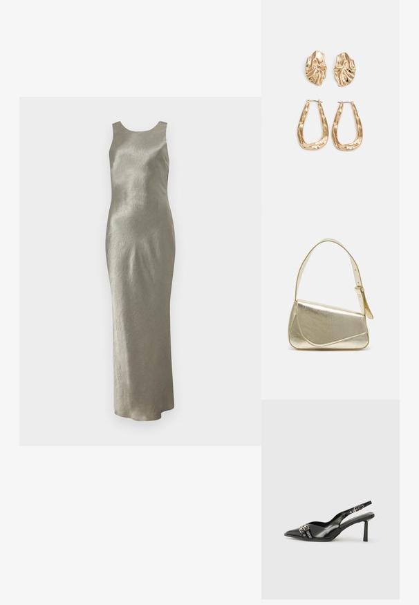 Vestido largo sin mangas en un ligero tono verde oliva, hecho de una tela texturada con una silueta simple y un escote redondo. Sin adornos visibles.; Zapato de charol negro tipo slingback con punta afilada, correas al tobillo con hebillas y herrajes de plata, y un tacón delgado.; Bolso de mano metálico dorado con un diseño estructurado, textura suave y correa ajustable. Presenta una forma triangular única y un cosido minimalista.; Pendientes en tono dorado que presentan formas texturizadas y onduladas. Incluyen aros de clip esculturales y un diseño de aro abierto con un acabado martillado.