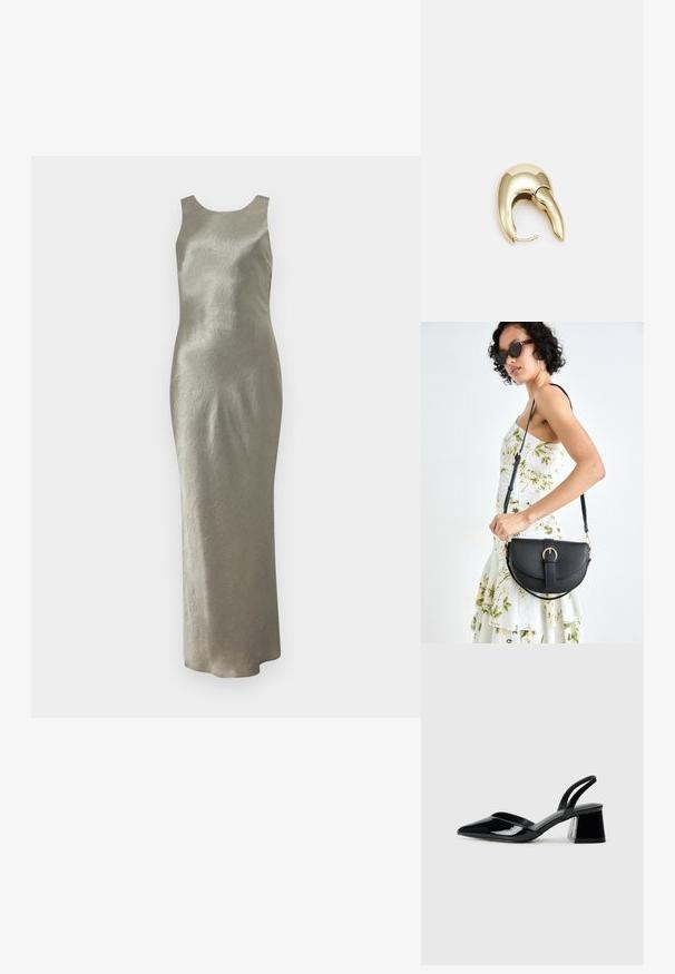 Garšs, bez piedurknēm tērps gaiši olīvu zaļā krāsā, izgatavots no teksturēta auduma ar vienkāršu siluetu un apaļu dekoltē. Nav redzamu rotājumu.; Melna lakota āda ar atvērto papēdi, ar smailu purngalu un ģeometrisku blokpapēdi. Iezīmējas elegants, minimāls dizains un gluda tekstūra.; Melnas ādas rokassoma ar izliekta formu, noņemamu siksnu un zelta aksesuāriem. Somai ir vāciņš ar sprādzes detaļu.; Zeltīti metāla auskari ar gludu, izliekta dizaina. Ar atšķirīgu smailu formu, pulētu virsmu un eņģu aizdari.