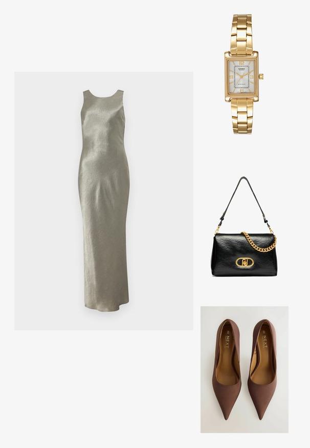 Dlhé šatové šaty bez rukávov v svetlej olivovej farbe, vyrobené z textúrovaného materiálu s jednoduchým strihom a okrúhlym výstrihom. Žiadne viditeľné ozdoby.; Hnedé saténové lodičky so špicatou špičkou a hladkým povrchom, s nízkym vykrojením a diskrétnym brandingom na stielke. Veľkosť 6½ (40).; Čierna kožená taška cez rameno s pokrčenou textúrou, zlatým reťazovým akcentom a výrazným zlatým uzáverom s oválnym logom. Nastaviteľný ramenný popruh.; Zlatý obdĺžnikový náramkový hodinky s bielym ciferníkom, striebornými indexmi a odolným kovovým náramkom. Obsahuje vodoodolnú funkciu.