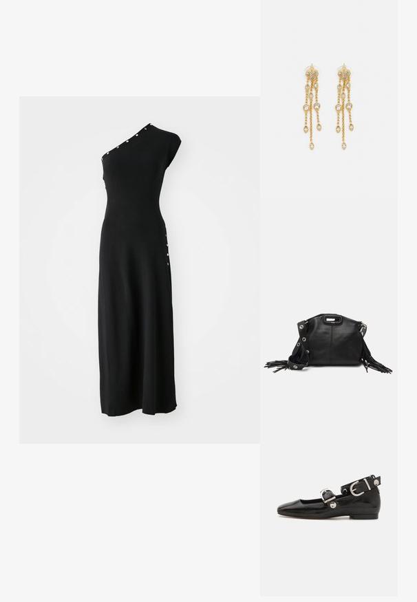 Musta, yksiolkaiminen mekko, joka on valmistettu ribatusta kankaasta, omaa tiukan siluetin ja koristeellisia nappeja sivussa visuaalista kontrastia varten.; Musta patenttinahkainen tasapohjainen kenkä suoralla varvastyöllä, nilkkahihna hopeisilla yksityiskohdilla ja tasainen pohja. Sileä pinta ja minimalistinen muotoilu.; Maje MISS MINI - Olkalaukku - noir; Kultaketjua roikkuvat korvakorut, joissa on useita putoavia ketjuja, ja selkeitä ovaaleja rhinestone-akselteja sekä koristeelliset niittitoppaukset.