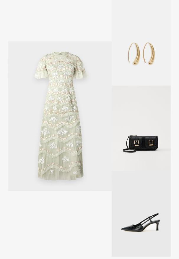 Maxikleid aus leicht grünem Stoff, mit floralen Stickereien in Weiß und Pink, Rüschendetails und kurzen Puffärmeln.; Schwarze Lack-Slingback-Pumps mit spitzem Zehenbereich, versehen mit strukturiertem Schlangenprint, verstellbarem Riemen und einem kurzen, strukturierten Blockabsatz.; Schwarze Leder-Umhängetasche mit zwei vorderen Taschen, goldenen Schnallen, Reißverschluss und einem schmalen Tragegurt. Texturierte Oberfläche und kompakte rechteckige Form.; Goldfarbene Metall-Hoops mit einer geschwungenen, länglichen Form. Sie verfügen über eine glatte, glänzende Oberfläche und eine abgerundete Spitze für zusätzliche Details.