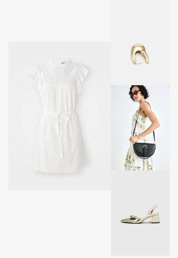 Hvit kjole med korte volangermer, smocket liv og knytbar midje. Har et subtilt teksturert prikkemønster og høy hals.; Gull, metallisk slingback-hæler med spiss tå og chunky hæl. Glatt tekstur, minimalistisk design og en smal stropp.; Svart lærveske med en buet form, avtagbar stropp og gullbeslag. Vesken har et klaff med spenne-detall.; Gullfarget metalløredobber med et elegant, buet design. Har en karakteristisk spiss form, polert overflate og hengsel-lukking.