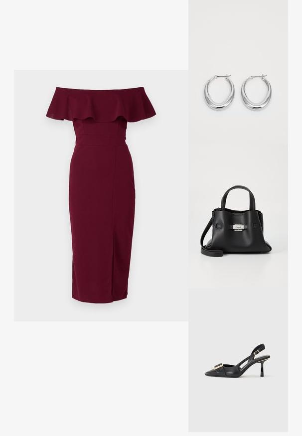 Fialová off-shoulder šaty s riaseným výstrihom, priliehavým strihom, dĺžkou po kolená a rozparkou na chrbte. Hladká textúra látky.; Čierne kožené slingback topánky s špicatou špičkou, štíhlym podpätkom a akcentom zlatého tónu na priehlavku. Hladká textúra a štruktúrovaný dizajn.; Čierna kožená kabelka s textúrovaným povrchom, ktorá má dve vrchné rukoväte, odnímateľný popruh cez rameno a strieborný uzáver.; Pár zdobených strieborných polkruhových náušníc s pántovými uzávermi na bielom pozadí.