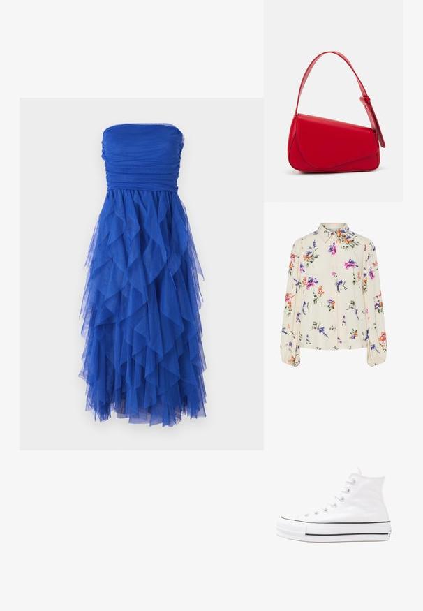 Plava haljina bez naramenica sa naboranom korzetom i kaskadnom višeslojnom tuljskom suknjom. Materijal je lagan i teksturiran, stvarajući volumen.; Cvjetna bluza s dugim napuhanim rukavima, svijetlo krem osnova, s ljubičastim, narančastim i zelenim cvjetnim uzorcima, te klasičnim dizajnom ovratnika.; Bijela visoka platnena tenisica s crnom gumenom potplatom, prednjim gumenim zaštitnikom prstiju i šest rupa za vezanje, s čistim, minimalističkim dizajnom.; Crvena kožna torba s kutnim, geometrijskim dizajnom. Ima jedan podesivi remen i preklopni zatvarač sa šivenim detaljima.