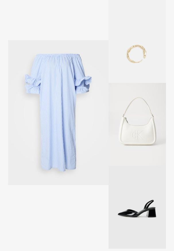 Šaty bez ramienok v svetlomodrej a bielej farbe s vertikálnymi pruhmi, s vypchatými krátkymi rukávmi a voľným, stredne dlhým strihom.; Čierne lakované kožené sandálové podpätky s špicatou špičkou a geometrickým blokovým podpätkom. Disponujú elegantným, minimalistickým dizajnom a hladkým povrchom.; Biela kožená kabelka s zakriveným tvarom, na prednej strane s embosovaným logom "CK" a jedným ramenným popruhom. Zipsové zapínanie navrchu.; Prsteň v zlatej farbe s organickým, skrúteným dizajnom, hladkým povrchom a zužujúcimi sa koncami, vytvárajúci moderný, sochársky vzhľad.
