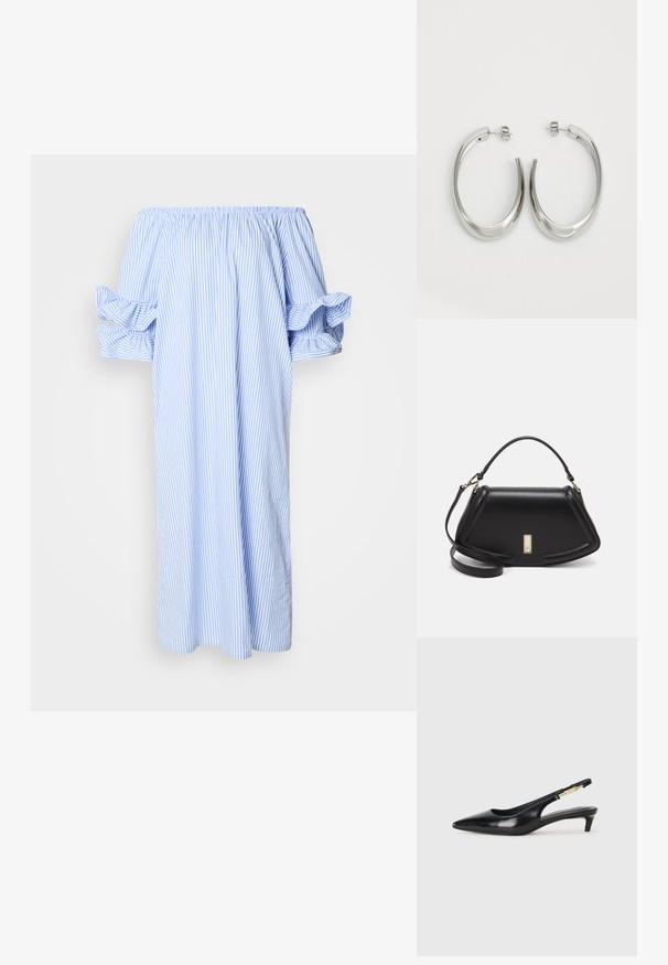 Rochie off-the-shoulder în blue deschis și dungi verticale albe, cu mâneci scurte și bufante și un design lejer, de lungime medie.; Sandale slingback din piele neagră cu vârf ascuțit, având un toc subțire și un accent de culoare aurie pe curea ajustabilă. Textură netedă.; Geantă de umăr din piele neagră, cu un design structurat, având o formă tăiată, mânere superioare și accente din aur. Include o curea de umăr ajustabilă.; Cercei din argint, cu un design neted și curbat. Prezintă o finisare metalică strălucitoare și închidere cu stud. Fără modele sau accente vizibile.