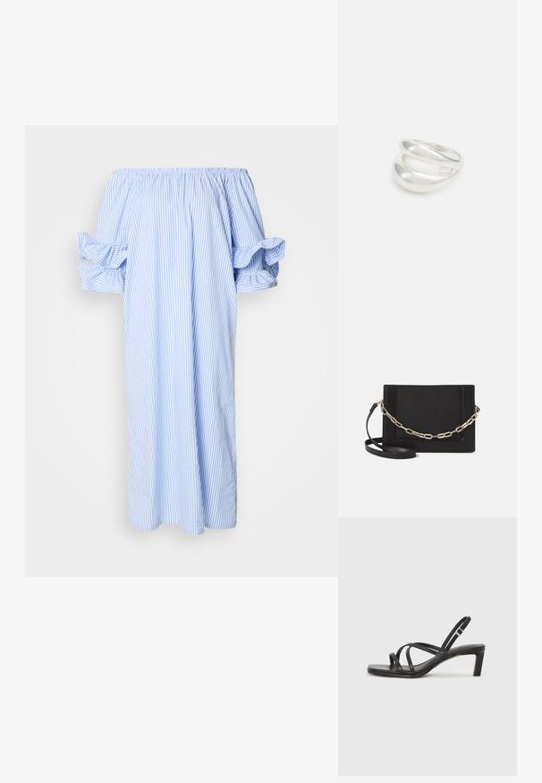 Vestido de hombros descubiertos en azul claro y blanco con rayas verticales, mangas cortas abullonadas y un diseño holgado de longitud media.; Sandalia negra de tiras con punta cuadrada y tacón bajo de bloque. Presenta múltiples tiras delgadas y una correa ajustable en el tobillo. Fabricada en cuero suave.; Bolso cruzado de piel negra con textura suave, forma rectangular y un detalle de cadena metálica en el frente. Incluye una correa ajustable.; Anillo de plata de doble banda con una superficie lisa y pulida. Presenta un diseño fluido y curvado con secciones superpuestas para un aspecto moderno.