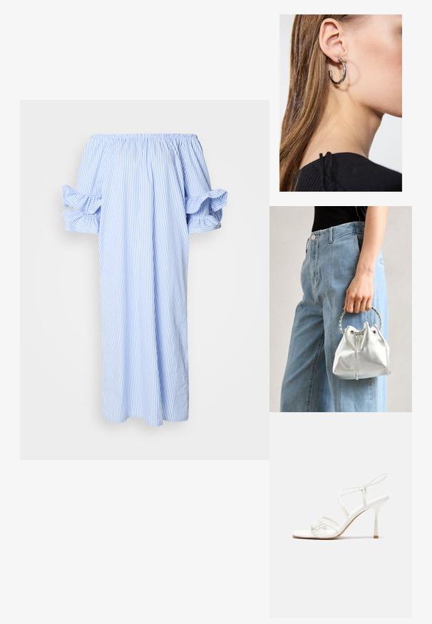 Robe décolletée aux épaules en bleu clair et blanc avec des rayures verticales, des manches courtes bouffantes et une coupe mi-longue ample.; Sandale à talons hauts blanche avec une base de orteil plate, devant texturé avec des accents froncés et une fine bride à la cheville.; Sac en seau argent métallique avec une finition texturée, orné d'une poignée ronde en argent et d'une fermeture à cordon, tenu contre un jean bleu clair.; Boucle d'oreille en argent avec une finition polie, présentant de petits détails en or et de forme ronde, portée sur le lobe.