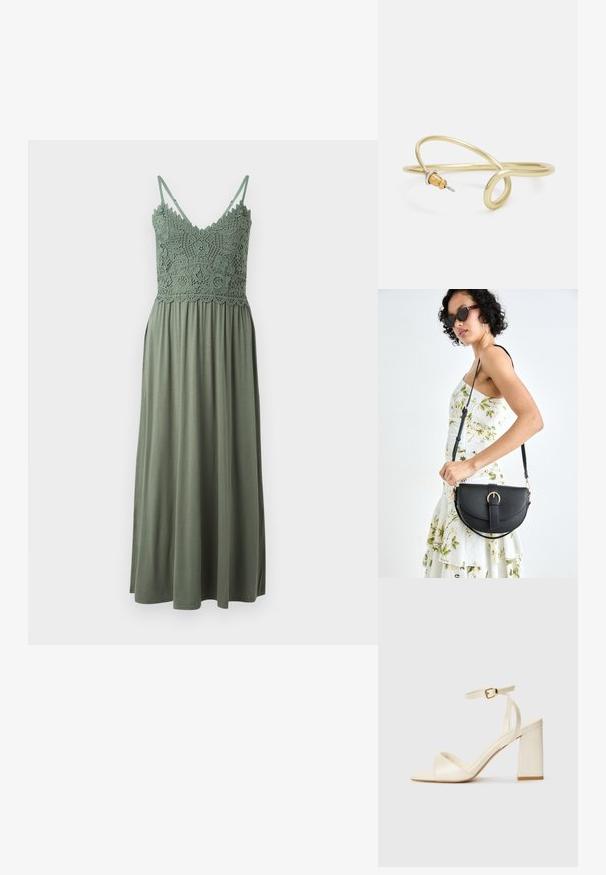 Zelena maksi haljina s kroše bodiceom i tanke bretelice, s lepršavim donjim dijelom izrađenim od mekanog, laganog materijala.; Sandale s petom u krem boji, otvorenih prstiju, s debelim blok petom, tankim remenom oko gležnja i suptilnim sjajem. Kopča kao naglasak na remenu.; Crna kožna torba s lukovitim oblikom, odvojivim remenom i zlatnim detaljima. Torba ima preklop s kopčom.; Zlatna metalna narukvica s fluidnim, zavojitim dizajnom. Sadrži mali, istaknuti srebrni akcent na jednom kraju.